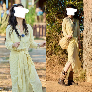 马思纯同款苎麻修身连衣裙活力黄减龄过膝长款衬衫裙子