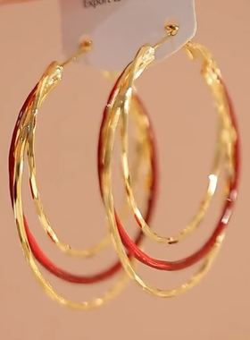 红色多层大圈圈耳环女圆脸显瘦高级感耳饰2026新款小众设计耳钉