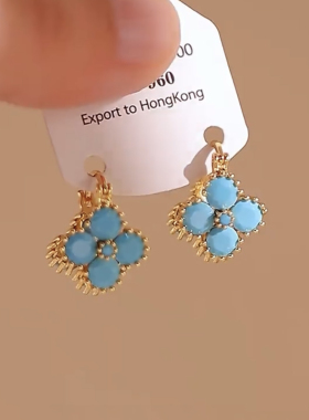 绿松石花朵耳钉耳扣小众气质