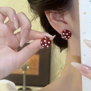 复古滴釉红色波点耳环小众设计感高级气质耳钉2025新款秋冬耳饰