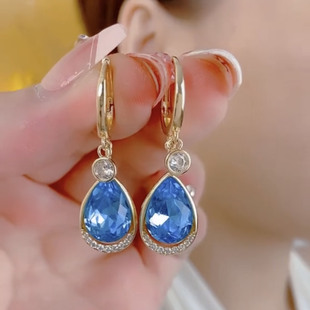 蓝色锆石水滴耳坠女耳环2025新款爆款轻奢高级感气质大气耳钉耳饰