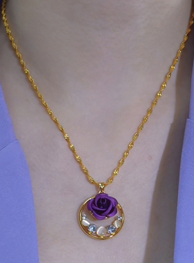 复古镂空圆盘猫眼石锆石玫瑰项链