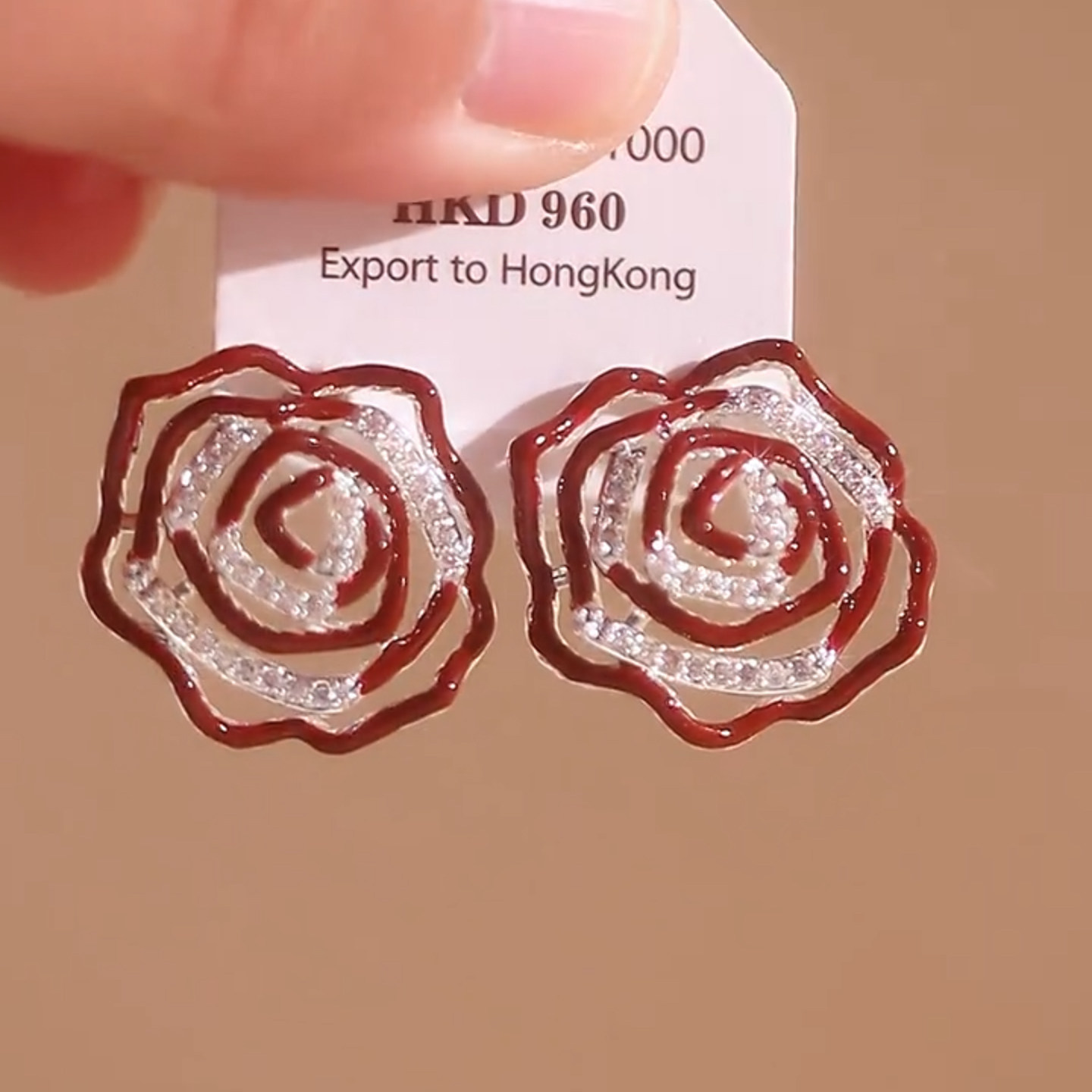 红色镂空花朵耳钉女小众设计