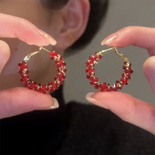 红色锆石扣女轻奢高级感气质耳环耳圈2024新款 爆款 独特耳钉耳饰