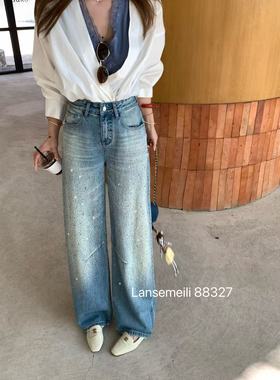 蓝色魅力88327浅蓝宽松阔腿牛仔裤2026年春季女满天星重工拖地裤