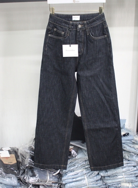 依炫韩89722深蓝色水洗宽松直筒阔腿牛仔裤2025年冬季女显瘦长裤
