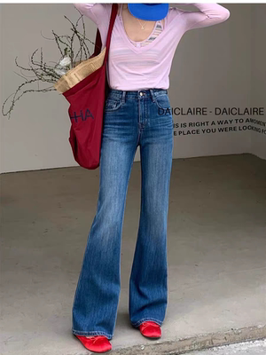 韩货馆B9233蓝色修身高腰牛仔微喇裤2026年春季女显瘦四面弹长裤