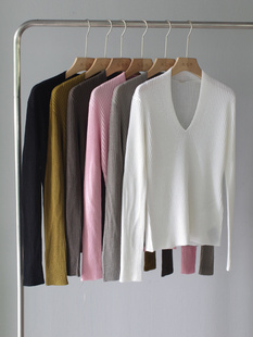 扬子纱V领褶皱中袖美丽诺羊毛针织衫修身短袖上衣打底衫女薄显瘦