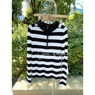 100%美丽诺羊毛黑白条纹连帽针织衫撞色修身半拉链长袖上衣女士薄
