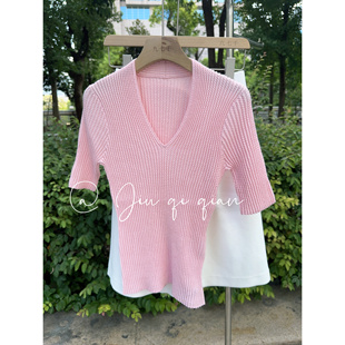 扬子纱V领100%美丽诺羊毛短袖针织衫褶皱修身显瘦弹力打底衫女薄