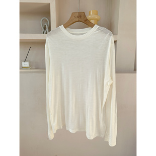 上衣薄透T恤 面膜皮肤衣 圆领100%羊毛长袖 针织衫 女宽松百搭打底衫