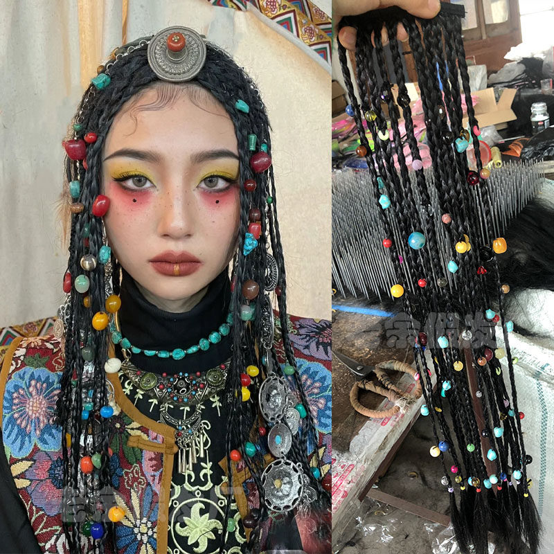 藏族头饰写真辫子假发片手工藏辫旅拍一片式细辫子彩色串珠子假发