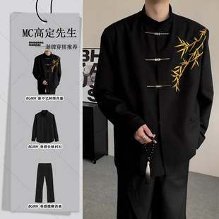 新中式男士订婚衣服套装国风立领中山装金竹刺绣男孩成人礼服西装