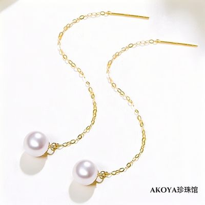AKOYA海水珍珠耳线18K金耳饰风在吹款正圆白透粉天女级耳坠