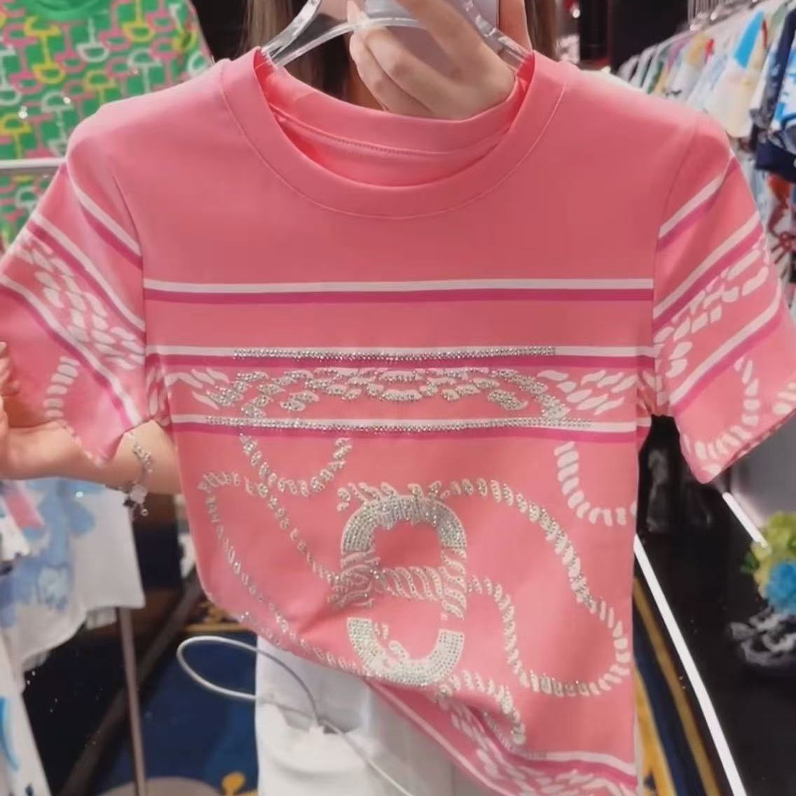 2025夏季女装韩版设计感轻奢原创重工粉色印花圆领短袖T
