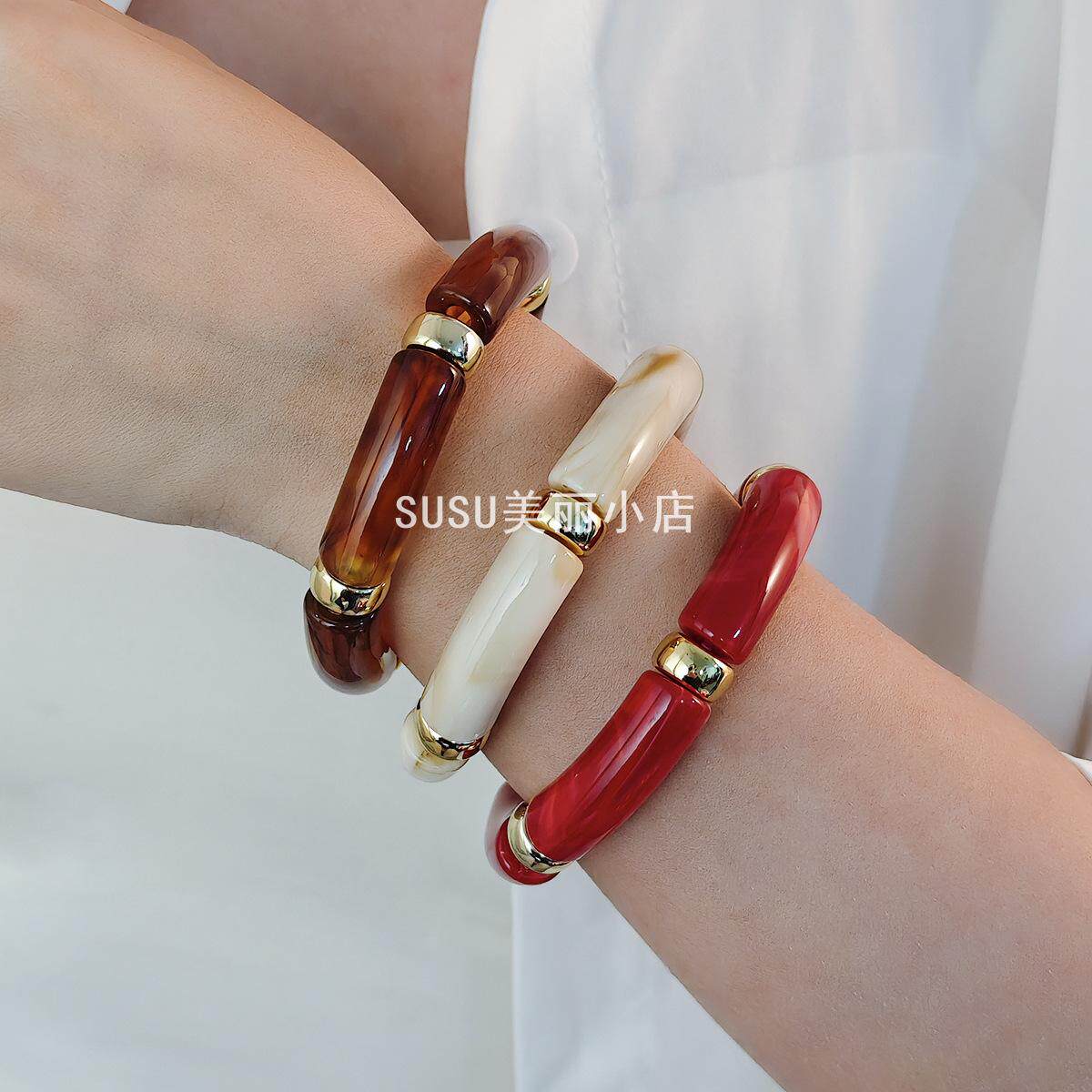 SUSU欧美时尚个性新品亚克力弯管手镯弧形竹管多色复古大理石纹手