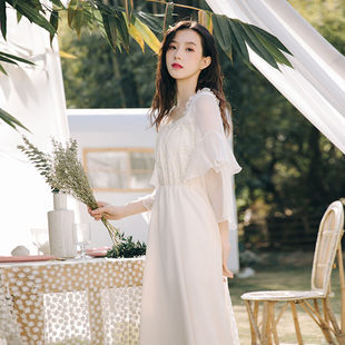 夏季女士连衣裙长裙裙子吊带露肩收腰雪纺甜美显瘦显瘦甜美收腰露