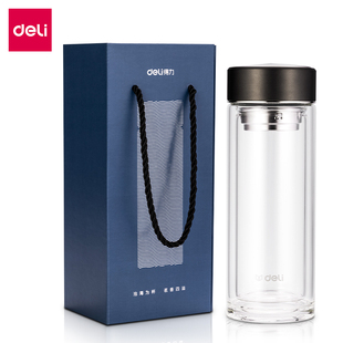 得力LL502双层玻璃杯350mL提绳礼盒灰色1个 办公龙年新春馈赠礼物