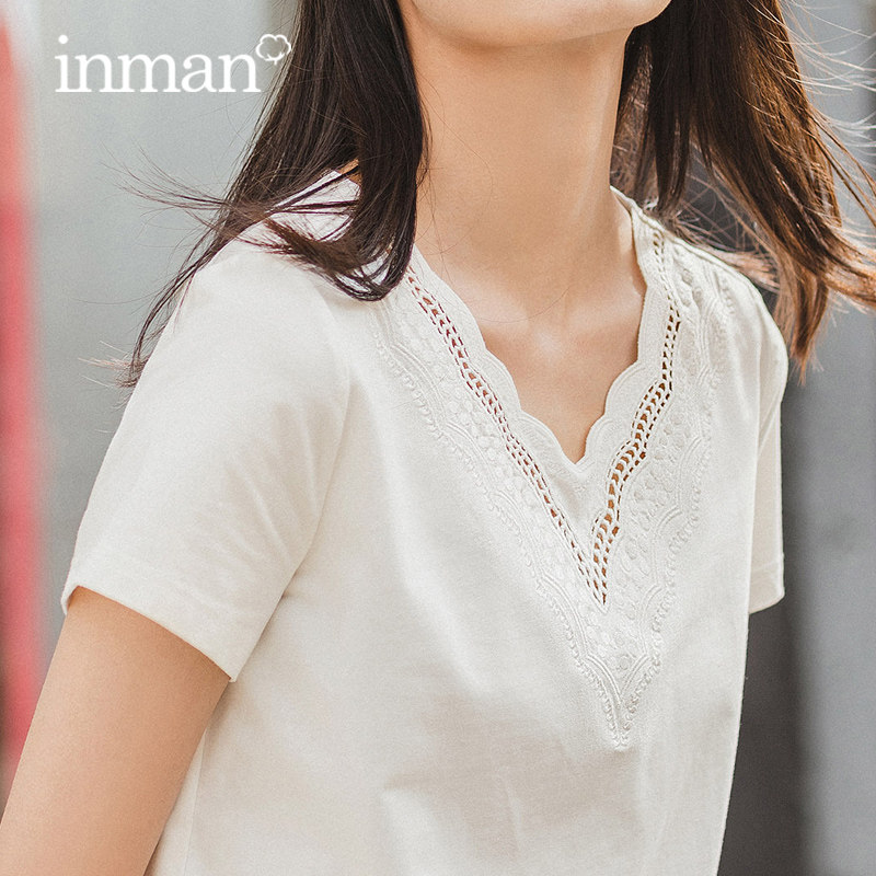 茵曼2022年夏季新款韩版纯欲风V领修身显瘦T恤女纯色花边短袖上衣