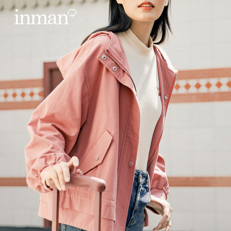 茵曼2020年春秋冬新款长袖休闲工装宽松女士外套短款小个子连帽