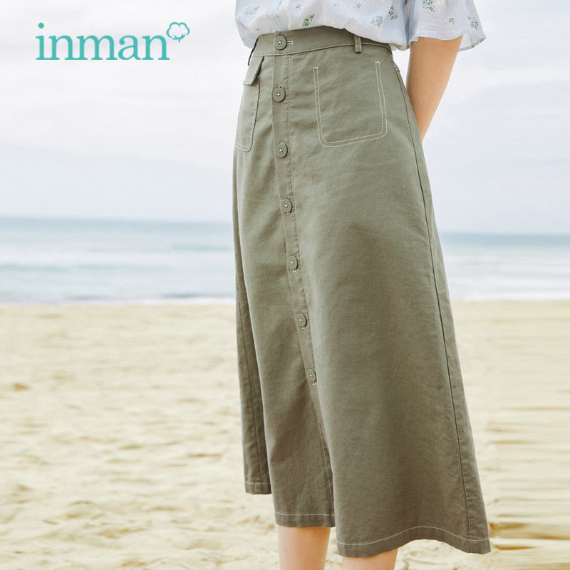 茵曼棉麻半节裙女2020夏装新款中长款a字型过膝文艺亚麻半身裙潮