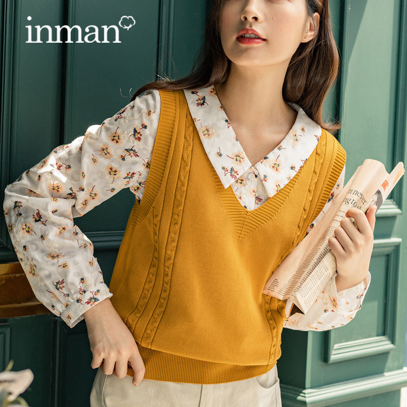 茵曼秋季无袖针织衫马甲女复古外穿背心外搭韩版宽松v领毛衣马夹