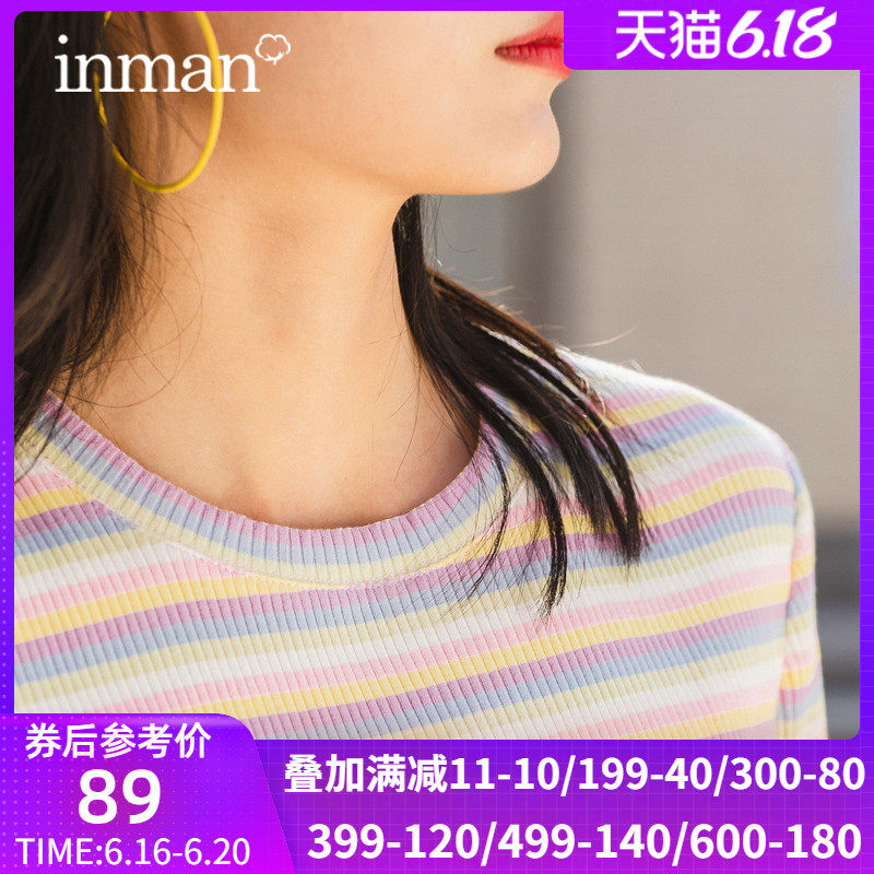 茵曼旗舰店彩虹条纹短袖t恤女2020夏装新款修身短款显瘦女装上衣