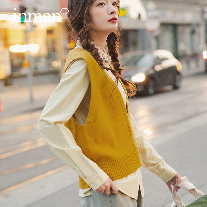 茵曼针织马甲女背心2020秋冬装韩版宽松毛线坎肩短款无袖毛衣外穿