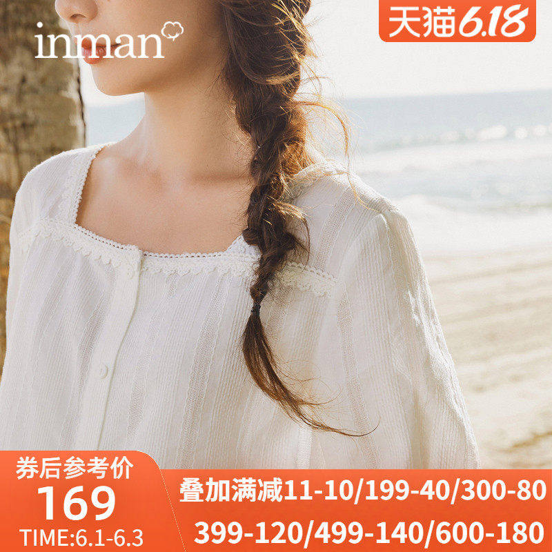 茵曼纯棉衬衫女洋气全棉2020夏装方领白色衬衣2019设计感短袖上衣