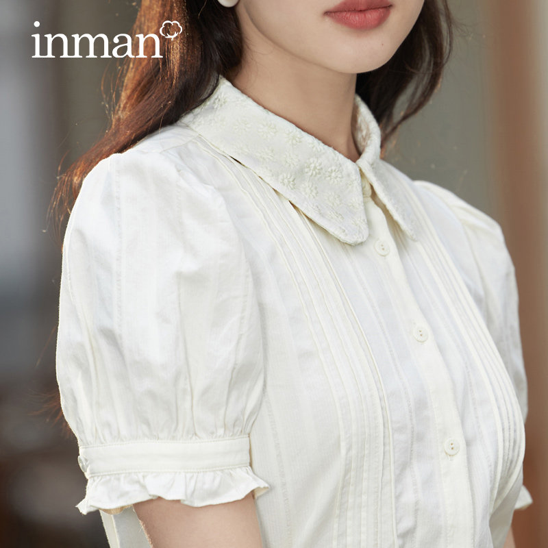 茵曼翻领花边短袖衬衫女2022夏季新款设计感小众小清新甜美上衣