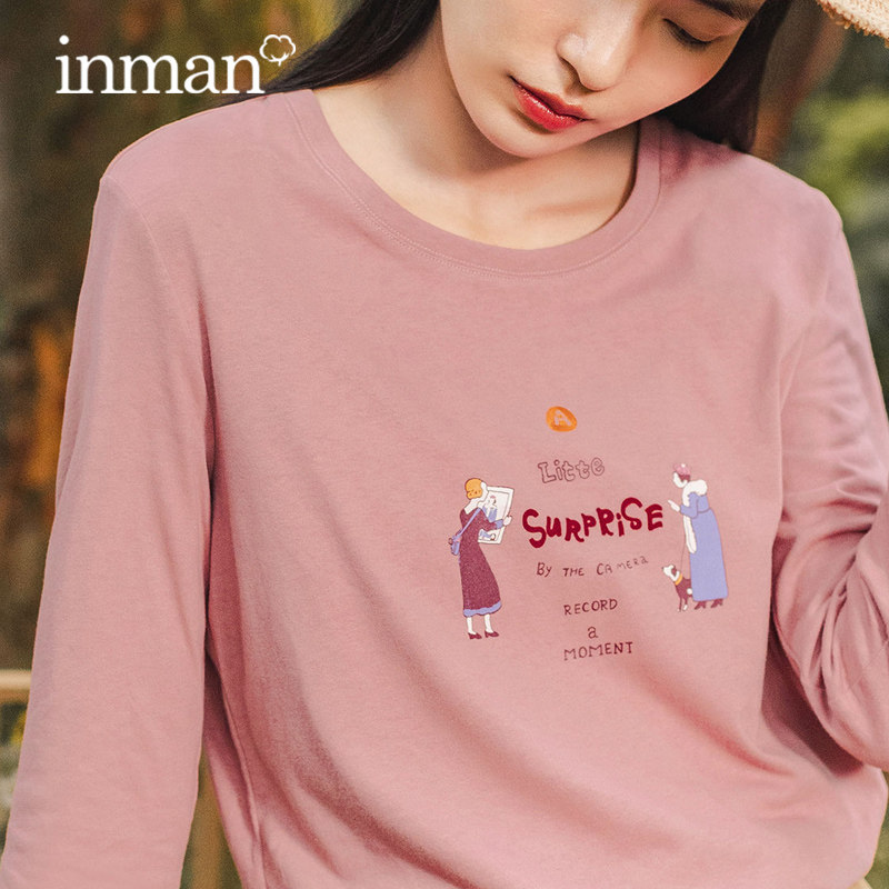 茵曼纯棉t恤女七分袖2020年新款潮印花时尚气质中长袖上衣女春秋