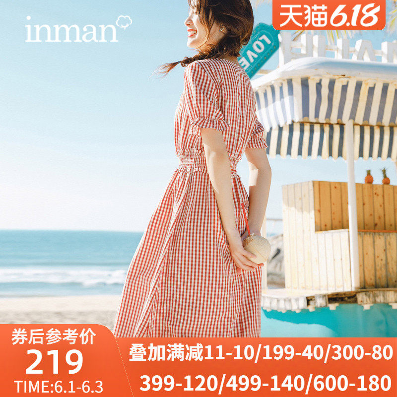 茵曼连体裙收腰显瘦气质2020夏季新款中长款文艺格子短袖连衣裙女