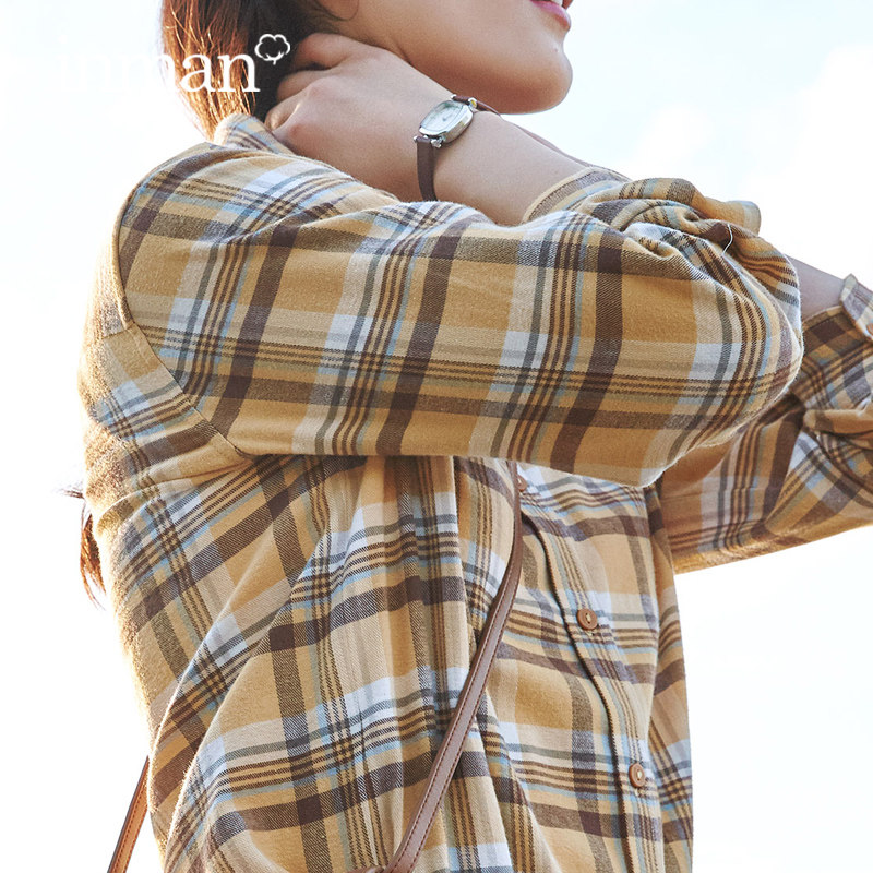 茵曼磨毛格子衬衫女小个子小款2020秋装新款纯棉洋气全棉长袖上衣