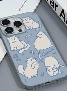 蓝色猫咪适用于苹果16PROMAX/11PROMAX小众款学生党安卓IQ00U1VIVOX200红米NOTE14三星A54镜面菲林硬壳手机壳