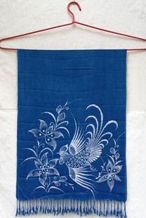 贵州苗族蜡染围巾定制厚冬款 花鸟图案植物染板蓝根蓝染非遗围巾