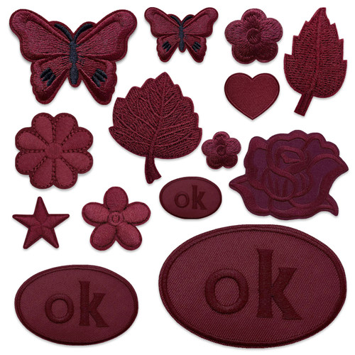 自粘酒红色刺绣贴纯色花朵补丁贴布衣服羽绒服裤子补破洞图案贴花