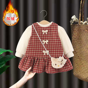 女童加绒连衣裙秋冬周岁宝宝礼服女孩背心裙洋气婴儿公主裙两件套