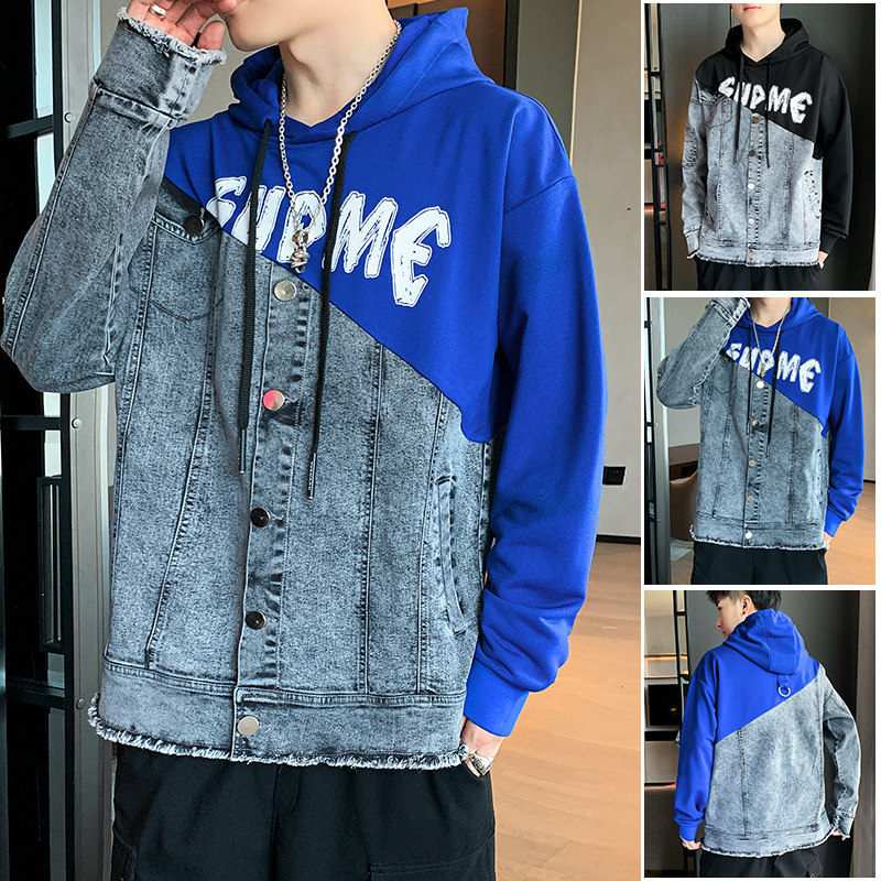 秋季牛仔卫衣拼接夹克外套男青少年潮流时尚款A074-A511,男装卫衣,星座210-1