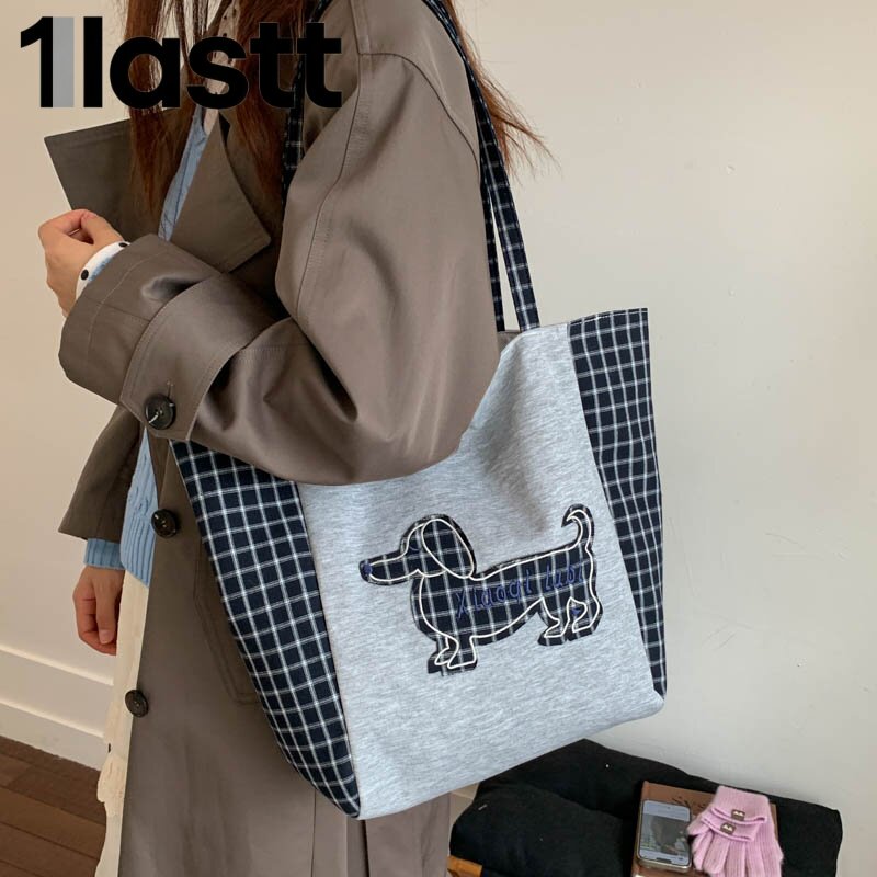 小狗磁扣减负格子单肩托特大包包ins韩版通勤休闲女包