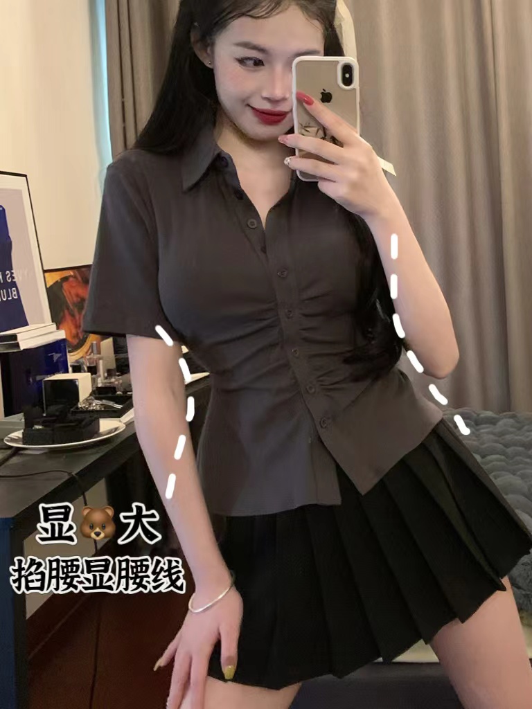 弹力褶皱灰色收腰衬衫女大码纯欲辣妹风jk制服长短袖修身显瘦衬衣