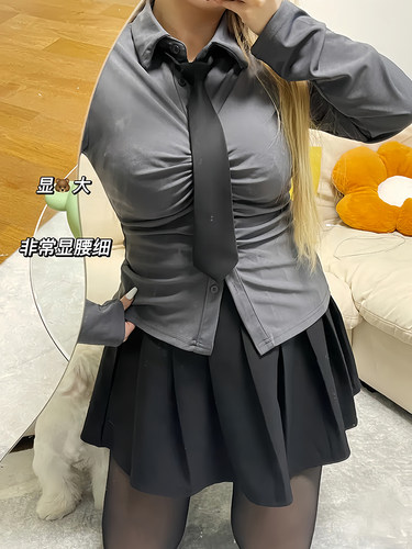 大码收腰jk制服衬衫两件套百褶裙