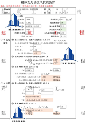 砌体女儿墙抗风抗震计算验算表