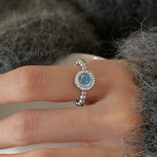 纯银天然海蓝宝施家真多麻珍珠戒指女食指ins小众设计冷淡风秋冬