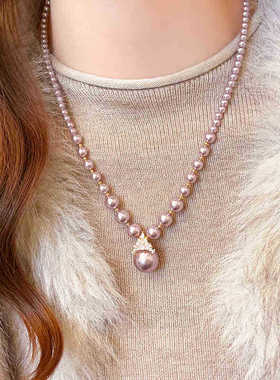 法式淡紫色皇冠珍珠项链高级感轻奢锁骨链复古时尚吊坠项饰批发女