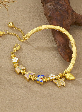 S925纯银新款繁花蝶语手链女镀金古法珐琅樱花蝴蝶半镯宫廷