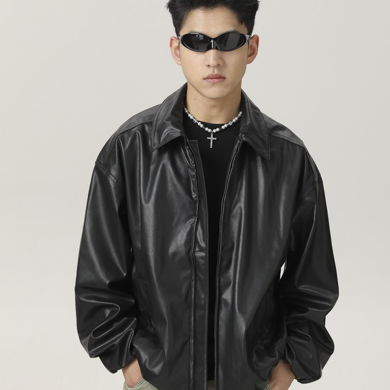 NR-243JK17112粗麻斜线拼接大口袋质感皮夹克P120-K168秋季新,男装夹克,电商S003