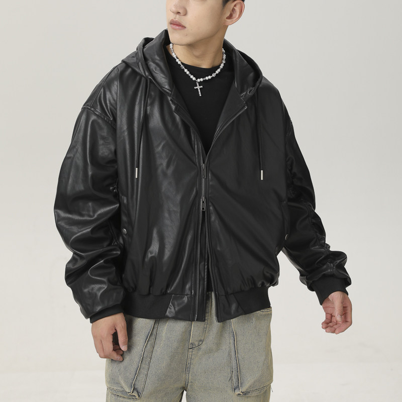山一商店243JK10123B家廓形短款弯刀袖连帽飞行皮夹克P135K188,男装夹克,电商S003