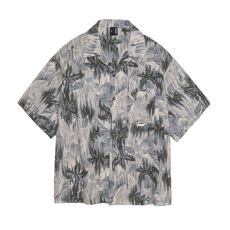 山一夏款252CS10123度假风休闲垂感松弛感古巴领衬衫棕色P70K108，男装衬衫，电商S003