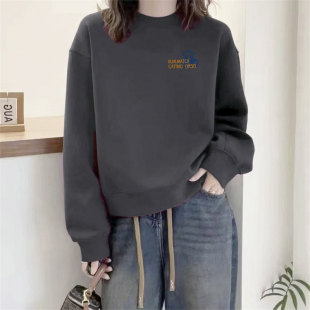 山东即墨纯棉圆领卫衣女小个子简约宽松慵懒风加绒加厚无帽上衣潮