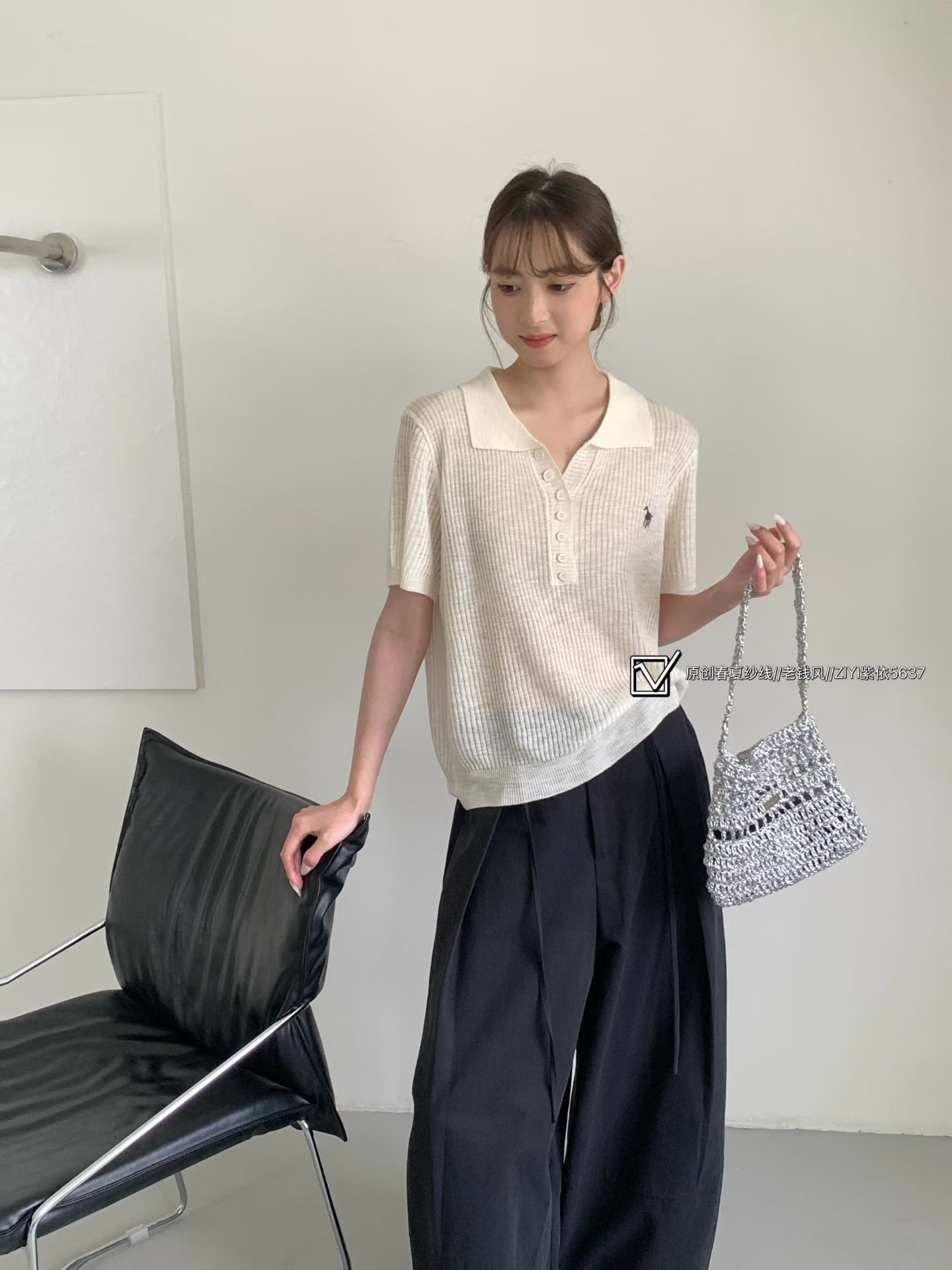 紫依5637针织衫女2026夏季新款韩系设计感小众短袖显瘦V领上衣